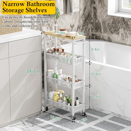 Utility Slim Storage Cart 4-Tier Rolling Cart with Wood Top A517006