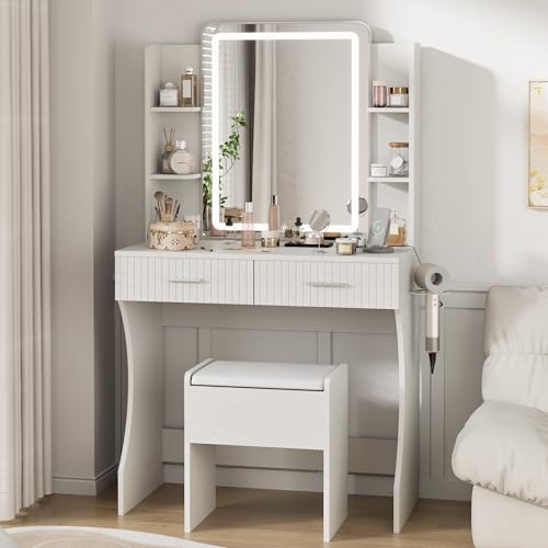 White Vanity Desk with LED Mirror and Storage Stool D5834