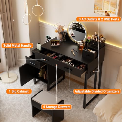 Black Vanity Desk with 4 Drawers and Charging Station O896