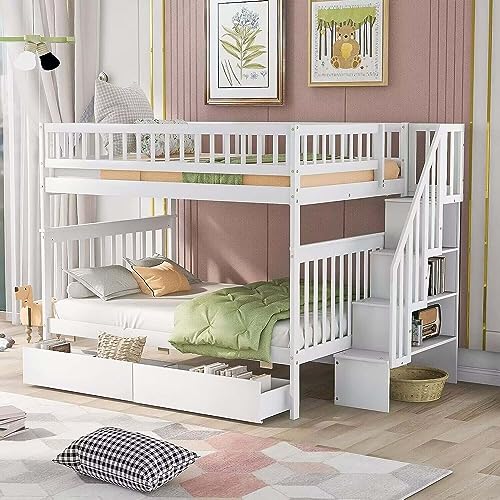 Harper & Bright Designs Twin Size Loft Bed with L-Shaped Desk and Stairs, Solid Wood, White D768