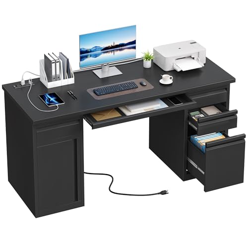 YITAHOME Office Desk with 5 Drawers, Power Outlets, 57 Inch, Black I604444