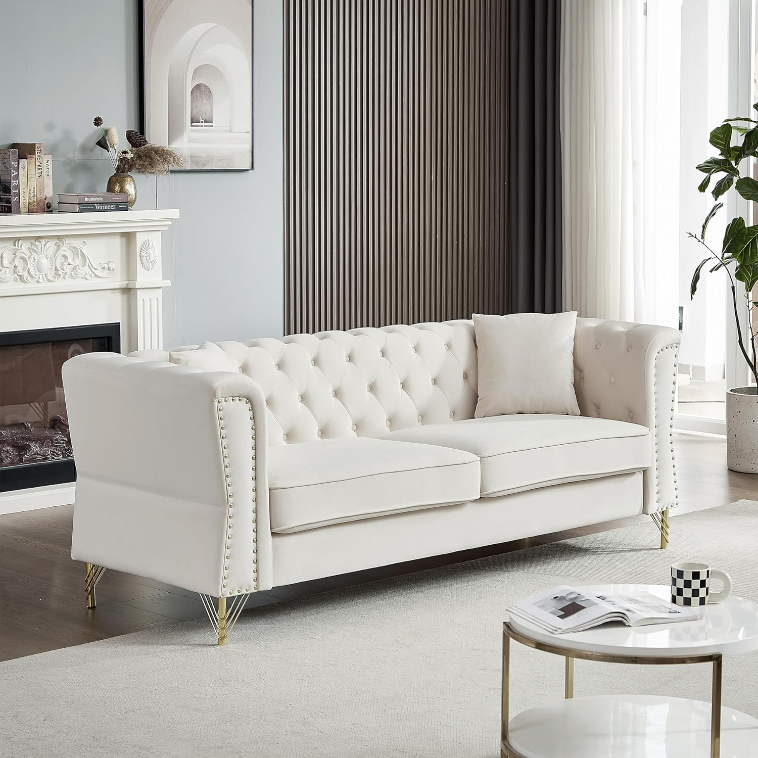81.8" Chesterfield Sofa Grey Velvet for Living Room, 3 Seater Sofa Tufted Couch with metal foot and Nailhead for Living Room, Bedroom, Office, Apartment, two pillows (Beige)