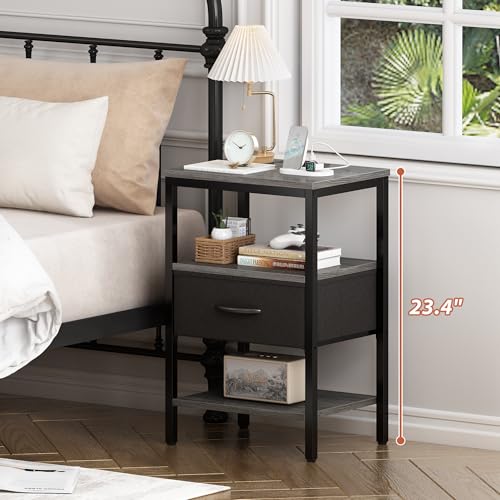 SUPERJARE Nightstand with Charging Station, Fabric Drawer, 3-Tier Storage, Walnut K366263
