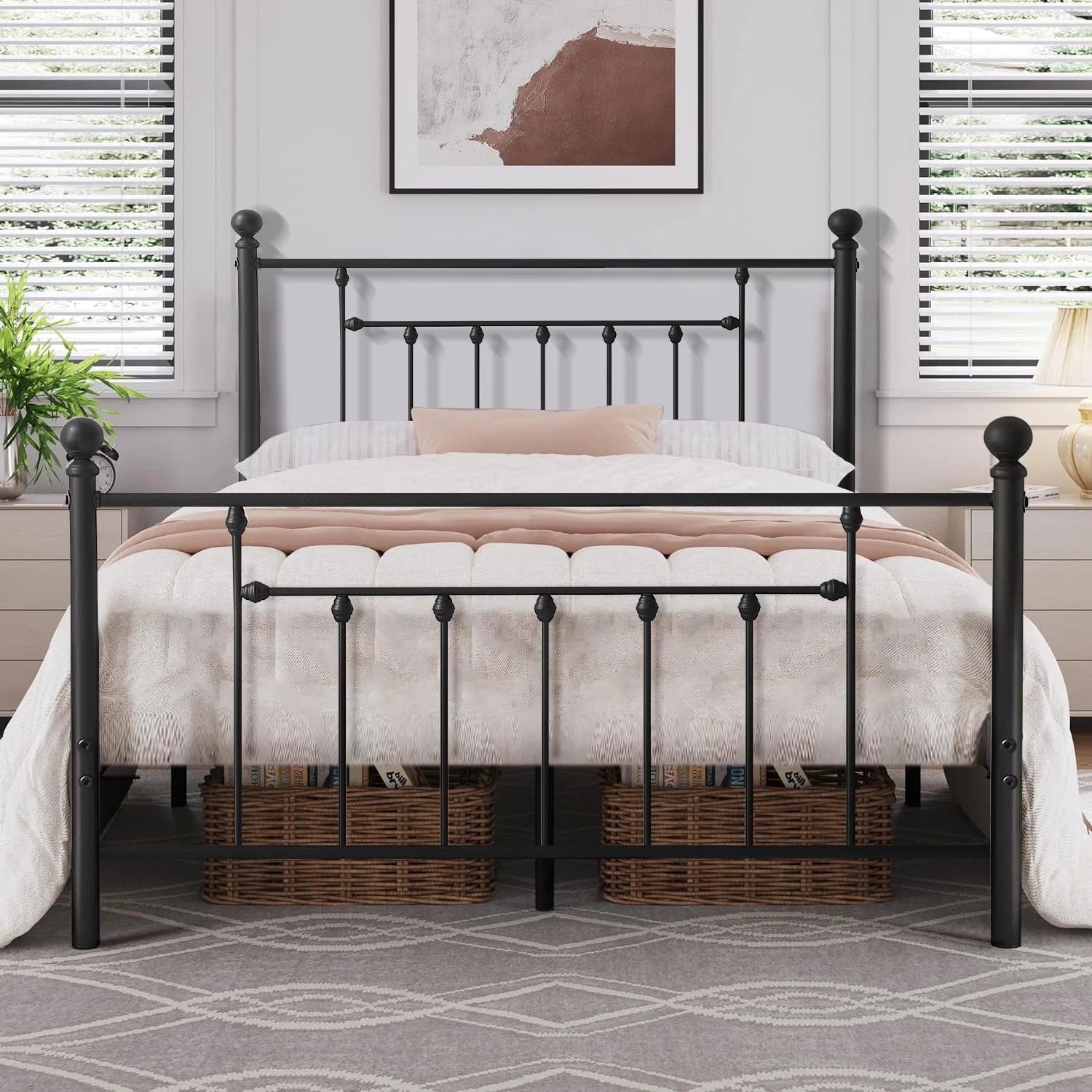 VECELO Metal Bed Platform Frame with Headboard and Footboard, Mattress Foundation, Queen Size, Black