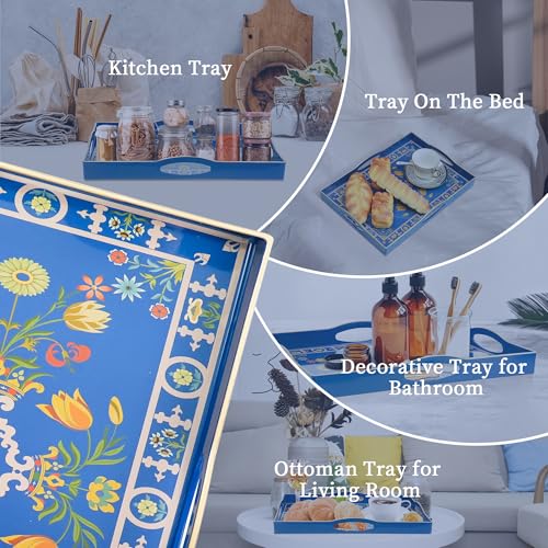 Gifturbo Blue Serving Tray with Handles, Rectangular Plastic Tray J15614