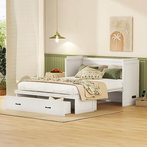 Ball & Cast Queen Size Solid Pine Murphy Bed with Charging Station, White + Walnut P2075