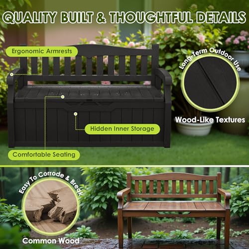 Greesum 80 Gallon Outdoor Storage Bench, Resin Patio Furniture, Dark Black I77551