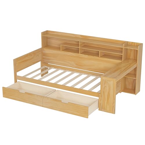 Bellemave Twin Corner Bed Frame with Storage Shelves and Desk, Gray L74206