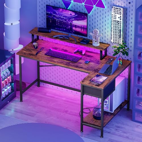 Fixwal L Shaped Gaming Desk with Power Outlets and LED Lights, Rustic Brown J2138
