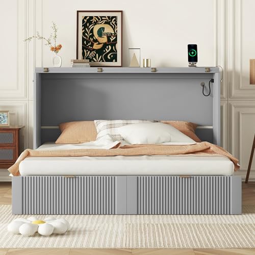 Harper & Bright Designs Queen Murphy Bed Cabinet with USB Charging Station, White D9669