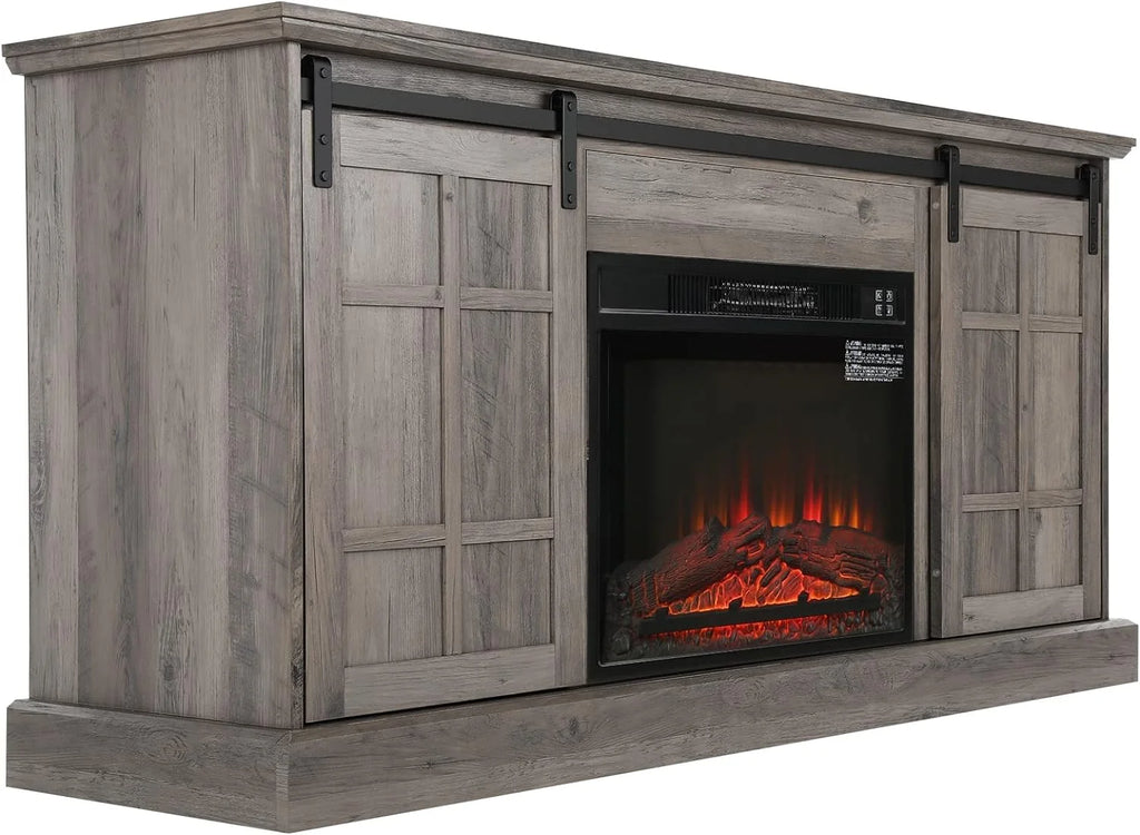58" Farmhouse TV Stand with Electric Fireplace, Gray Wash A1124