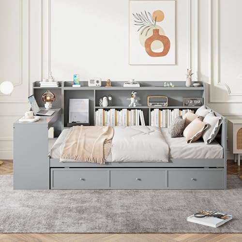 Bellemave Twin Corner Bed Frame with Storage Shelves and Desk, Gray L74206