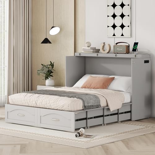 Queen Size Murphy Bed Wall Bed with Storage and Bookcase Headboard, Solid Wood, White H58166