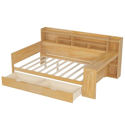 Bellemave Twin Corner Bed Frame with Storage Shelves and Desk, Gray L74206