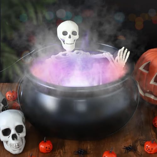 Halloween Decorations Outside 12" Large Witches Cauldron Diffuser with Skeleton Black Witch Cauldron Kettle Pot with 12 LED Light Mist Fogger for Halloween Outdoor Indoor Decor (Green)