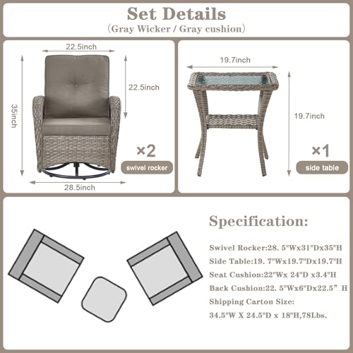 Outdoor Wicker Swivel Rocker Chairs Set of 2 with Rattan Side Table, Brown/Blue B592