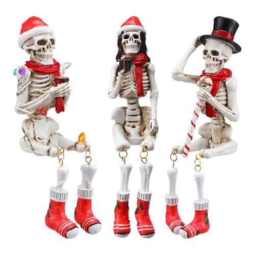 Soulchen 3 Pcs Christmas Halloween Skeleton Decorations Funny Skeleton Figurines with Christmas Hat and Scarf 7.5" Tall for Xmas Indoor Home Table Shelf Tabletop Decor Outdoor Yard Decor
