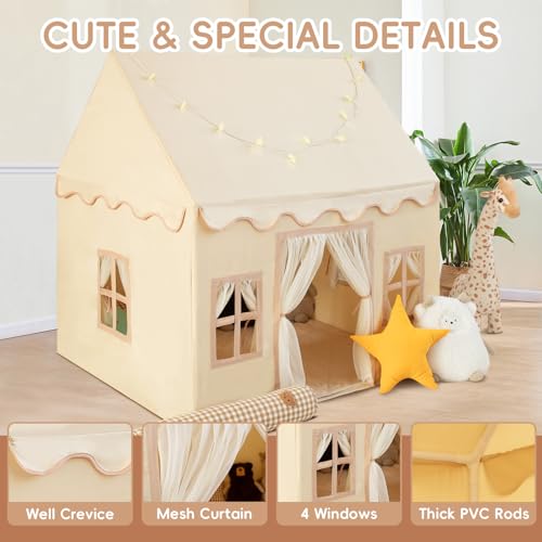 Kids Tent Playhouse with Star Lights, Flags and Tote Bags, Washable Teepee for Boys & Girls V1120