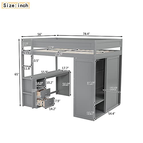 Full Size Loft Bed with Storage Wardrobe and Desk for Kids Teens Adults White K66587