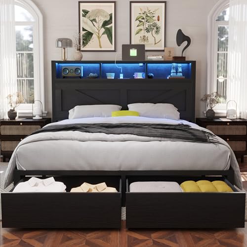 Farmhouse Full Bed Frame with Bookcase Headboard, LED Lights and Charging Station M527023
