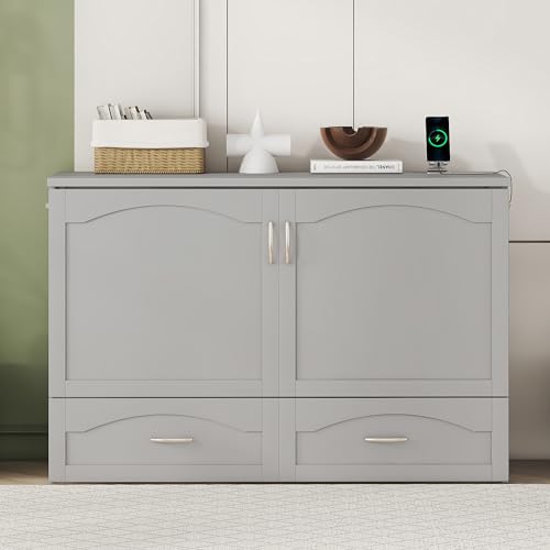 Queen Size Solid Pine Murphy Bed Chest with Charging Station and Storage Drawer K498