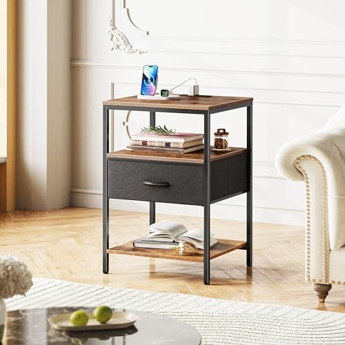 SUPERJARE Nightstand with Charging Station, Fabric Drawer, 3-Tier Storage, Walnut K366263