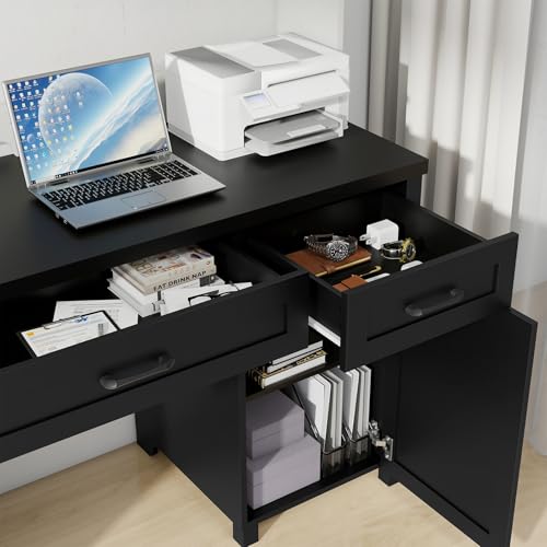 Farmhouse 61" Executive Desk with 5 Drawers and Charging Station, Pure Black W116439
