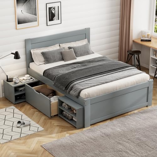 SOFTSEA Full Size Platform Bed with Storage Drawers and Bookcase Headboard, White V613109