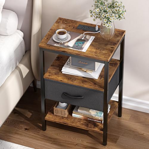 SUPERJARE Nightstand with Charging Station, Fabric Drawer, 3-Tier Storage, Walnut K366263