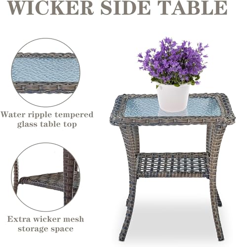 Outdoor Wicker Swivel Rocker Chairs Set of 2 with Rattan Side Table, Brown/Blue B592