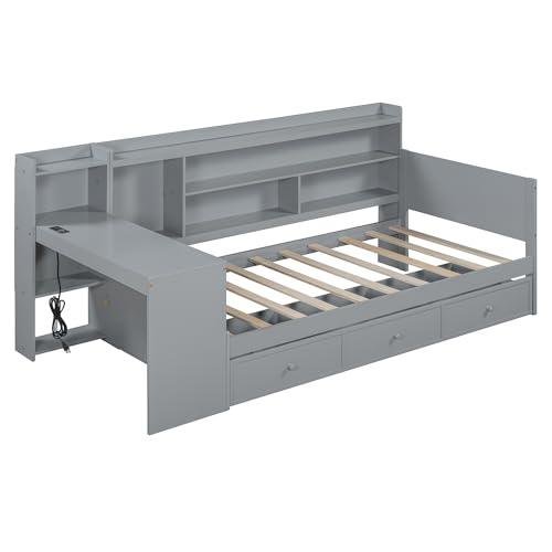 Bellemave Twin Corner Bed Frame with Storage Shelves and Desk, Gray L74206
