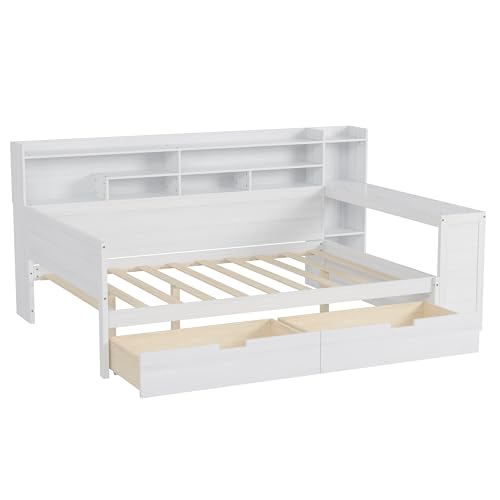 Bellemave Twin Corner Bed Frame with Storage Shelves and Desk, Gray L74206