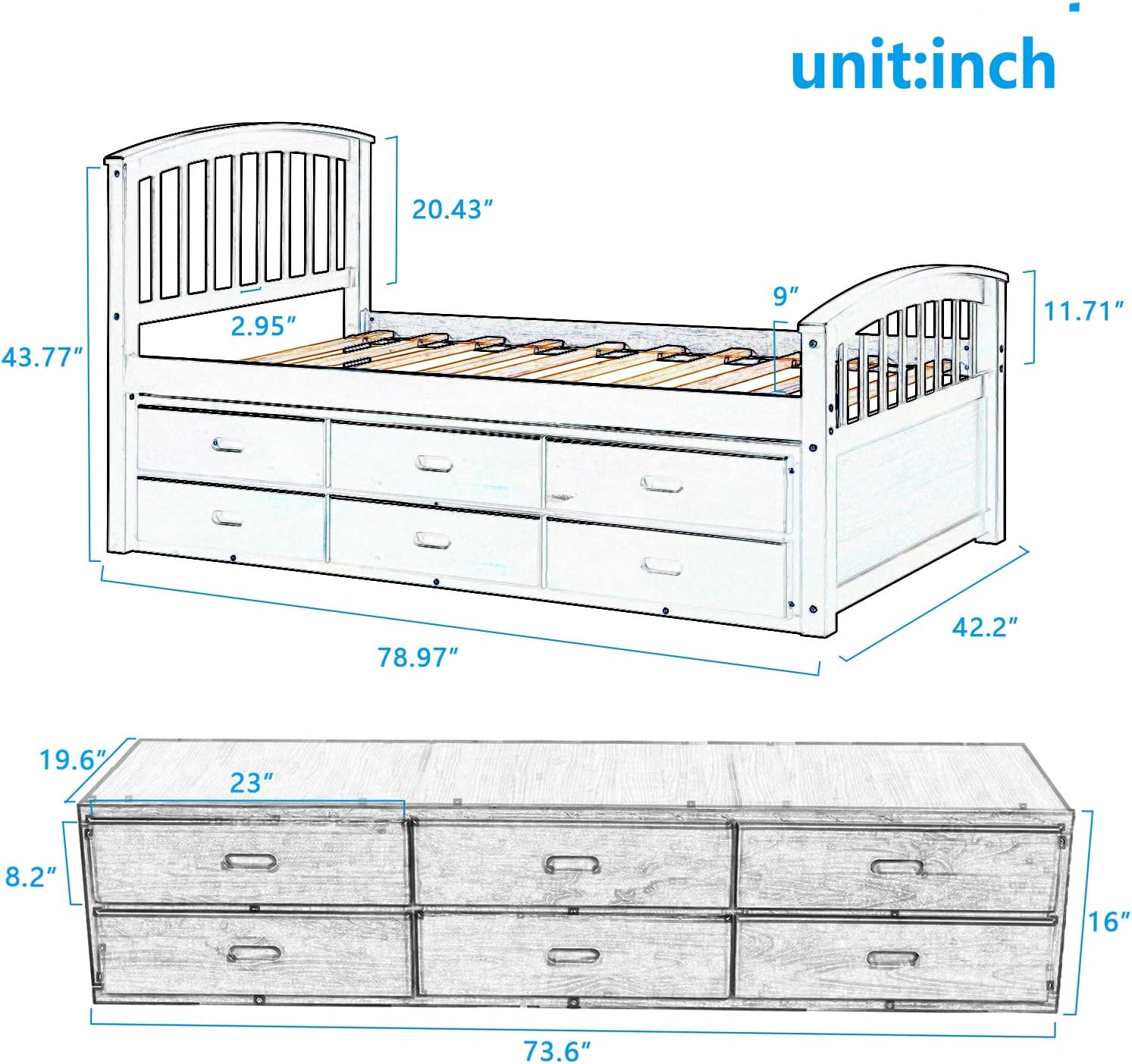 Twin Size Platform Storage Bed Solid Wood with 6 Drawers, Gray V756792
