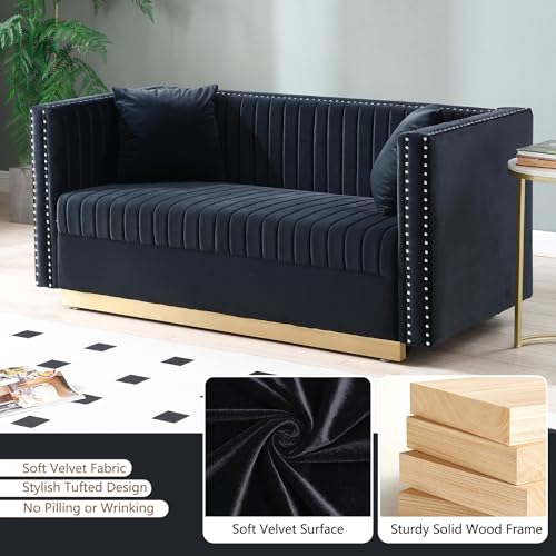 78" Velvet Couch with 2 Pillows, Gold Metal Legs, Black Z118018