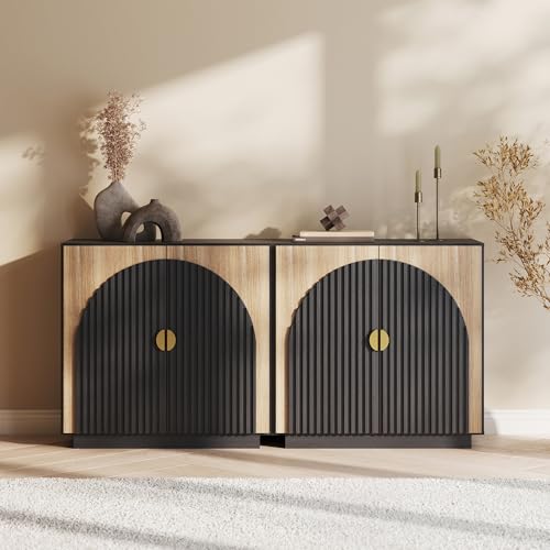 BELLEZE 65 Inch Fluted Buffet Cabinet with Storage, Caramel Brown U96619