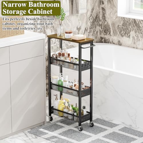 Utility Slim Storage Cart 4-Tier Rolling Cart with Wood Top A517006