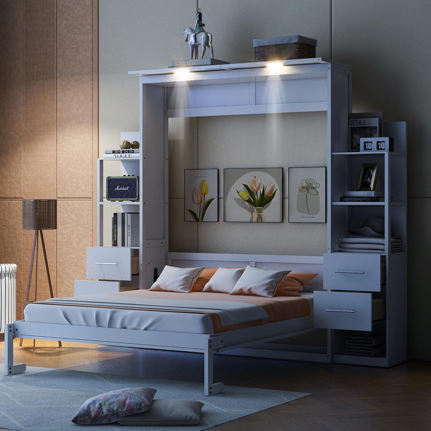 Queen Size Murphy Bed Wall Bed with Shelves and LED Lights, White N44570