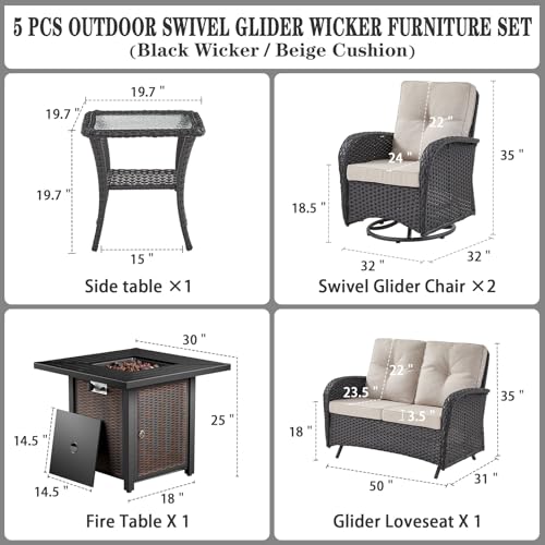 Outdoor Wicker Swivel Rocker Chairs Set of 2 with Rattan Side Table, Brown/Blue B592