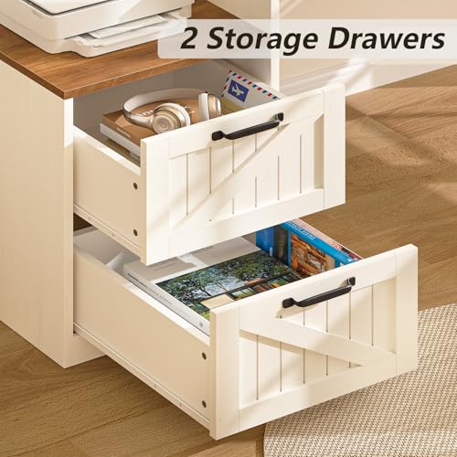63" Farmhouse L Shaped Desk with Drawers, Power Outlets & Storage Shelf Q538