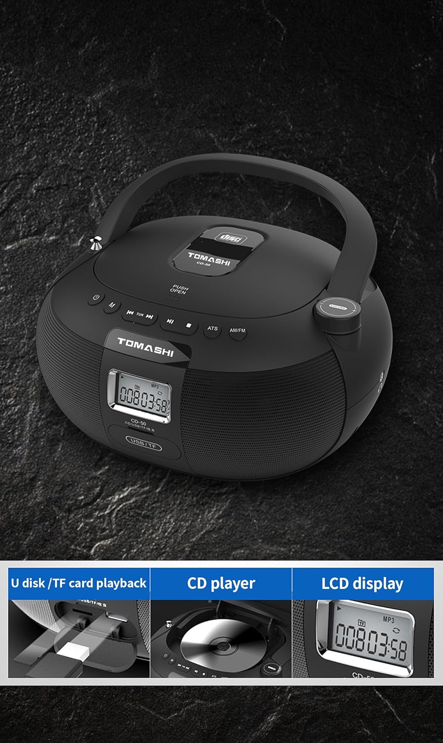 CD-50 CD Player Boombox Black Portable Stereo with LCD Display X796055