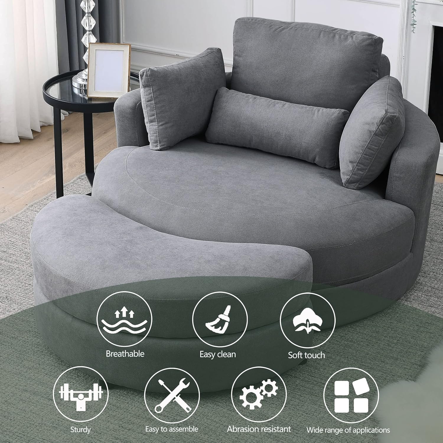 Welike Swivel Accent Barrel Chair with Ottoman, Dark Grey Linen Fabric I52821