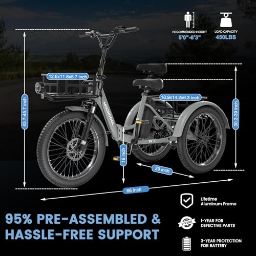 MOONCOOL Electric Tricycle for Adults, 500W 48V Folding 3-Wheel Bike with Basket O9027