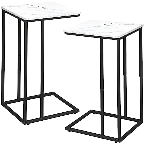 C Shaped Side Table Set of 2, Marble End Table for Sofa and Bed, White and Black O683294