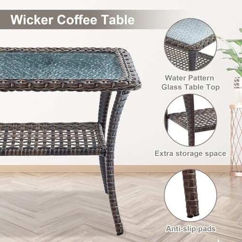 Outdoor Wicker Swivel Rocker Chairs Set of 2 with Rattan Side Table, Brown/Blue B592