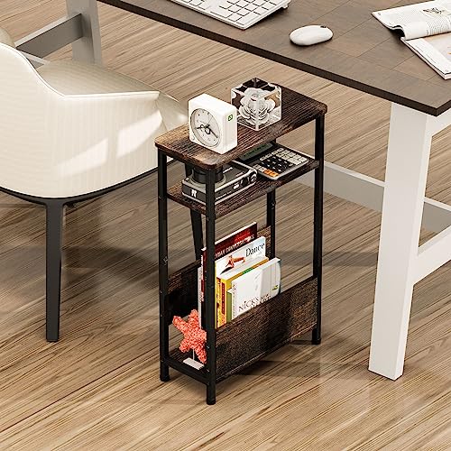 7.1" Narrow 3-Tier Side Table with Magazine Holder, Faux White Marble R580691