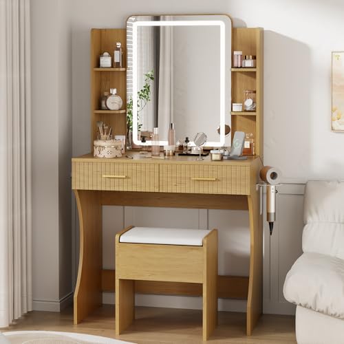 White Vanity Desk with LED Mirror and Storage Stool D5834