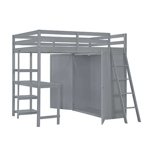 Harper & Bright Designs Full Size Loft Bed with Wardrobe and Desk, Solid Wood, White R4710