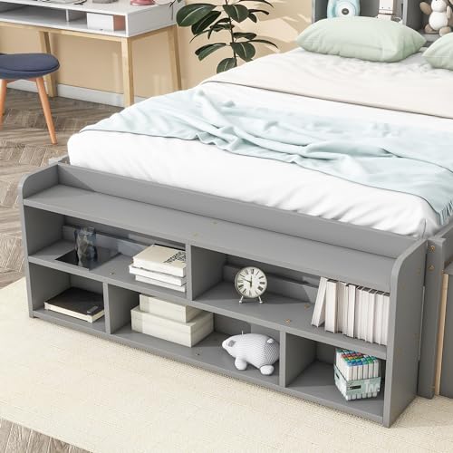 SOFTSEA Full Size Platform Bed with Storage Drawers and Bookcase Headboard, White V613109
