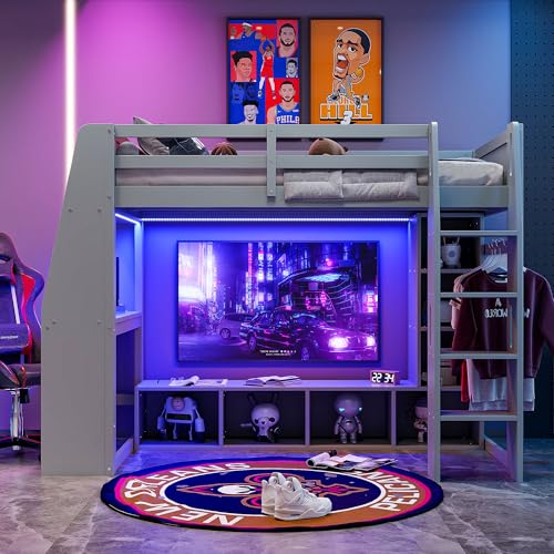 SOFTSEA Full Size Loft Bed with Desk, Storage and LED Lights, Solid Wood, Grey Q282