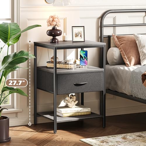 SUPERJARE Nightstand with Charging Station, Fabric Drawer, 3-Tier Storage, Walnut K366263